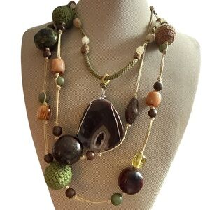 LOT OF 2 Bohemian Multi-Strand Green and Brown Agate Pendant Necklace